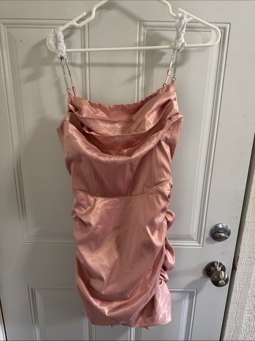 Satin Cowl Neck Mini Dress in Blush Pink with Rhinestone Chain Straps